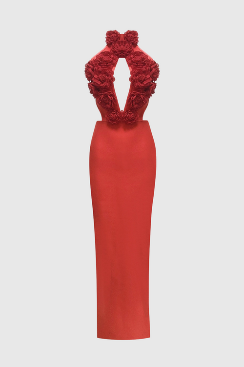 Datherine Floral Appliqué Halter Maxi Bandage Dress - Red