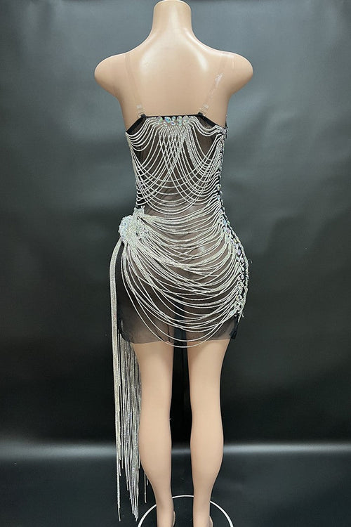 Delilah Rhinestone Strapless Mesh Mini Dress - Black