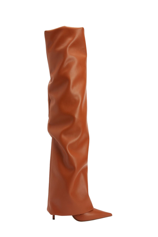 Dusya Ruched Leather Over The Knee Boots - Brown