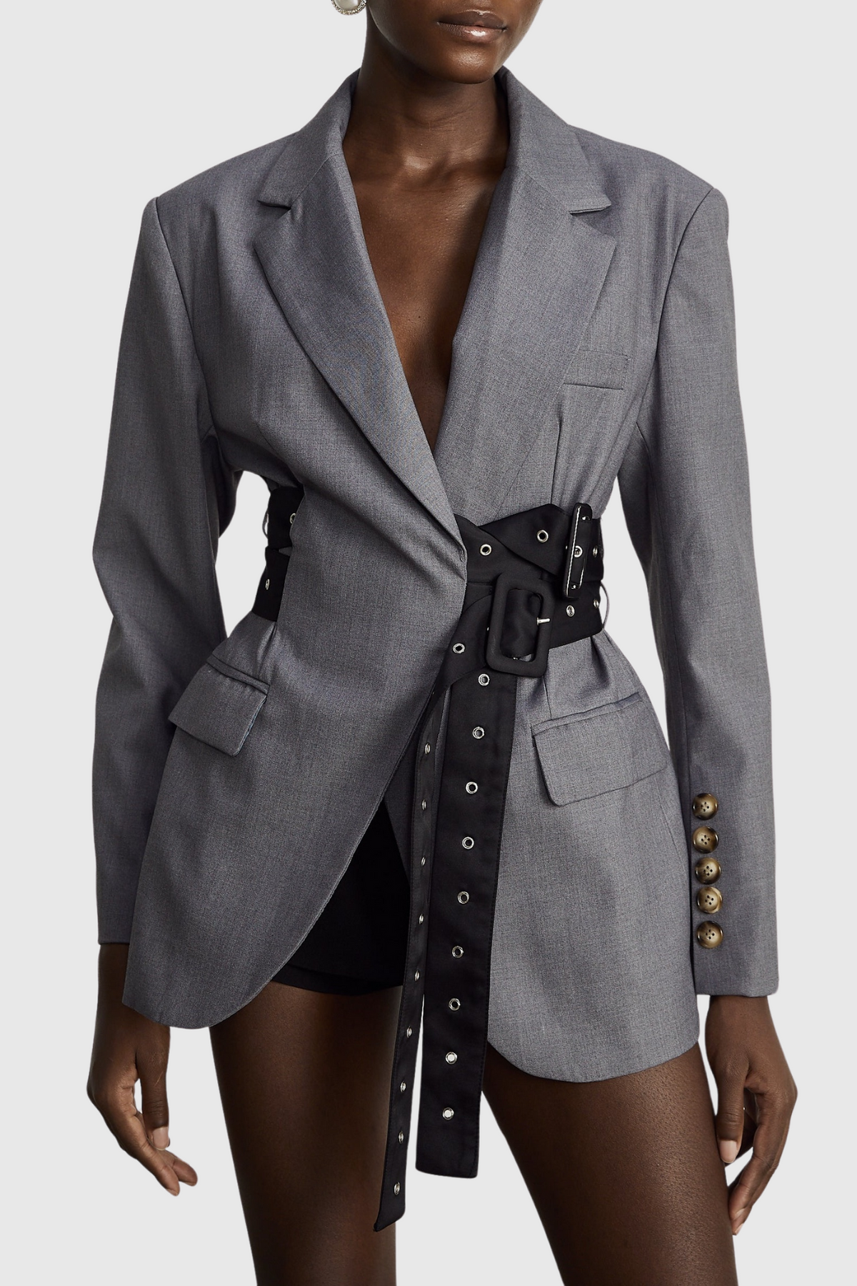 Eairein Belted Waist Blazer - Grey