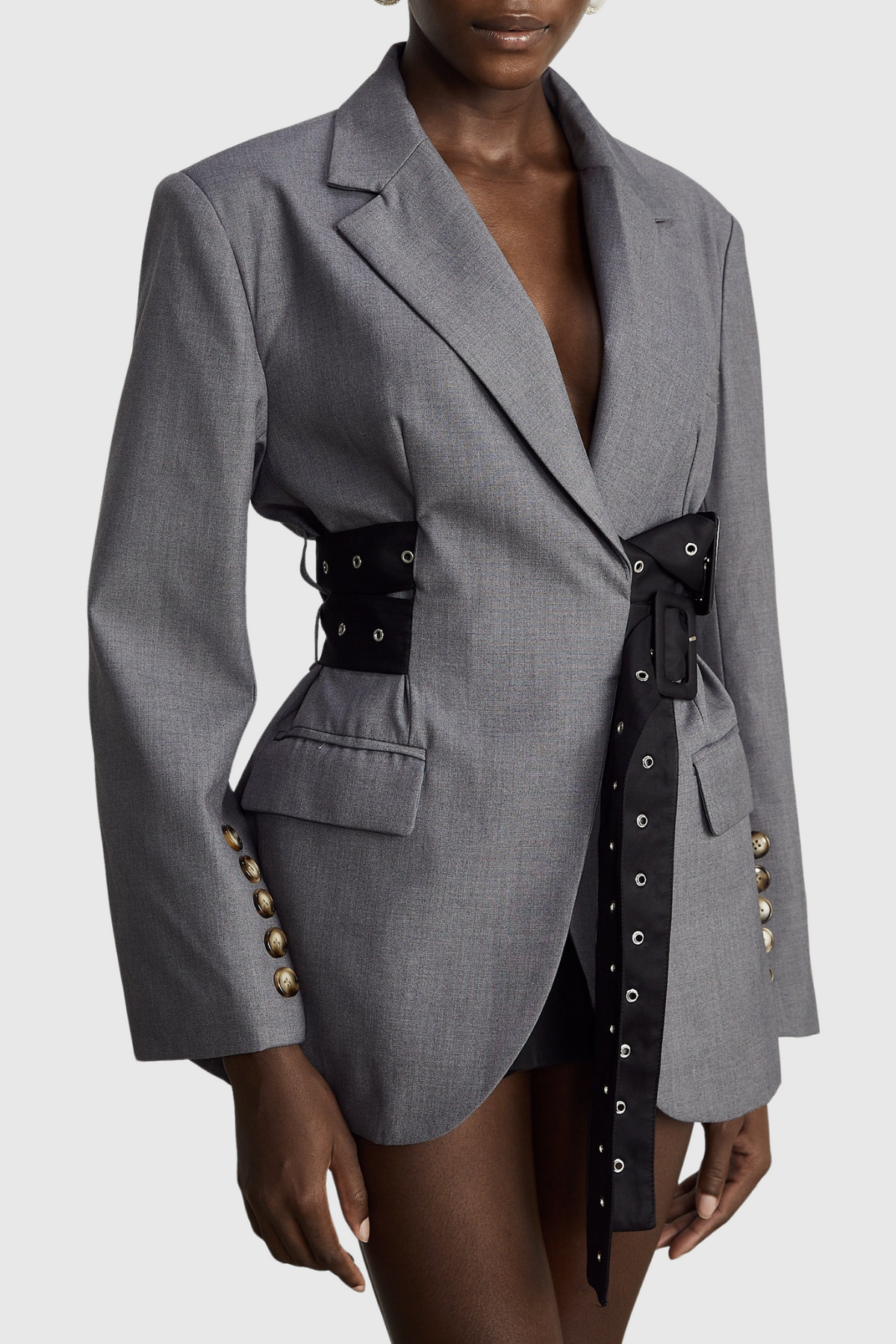 Eairein Belted Waist Blazer - Grey