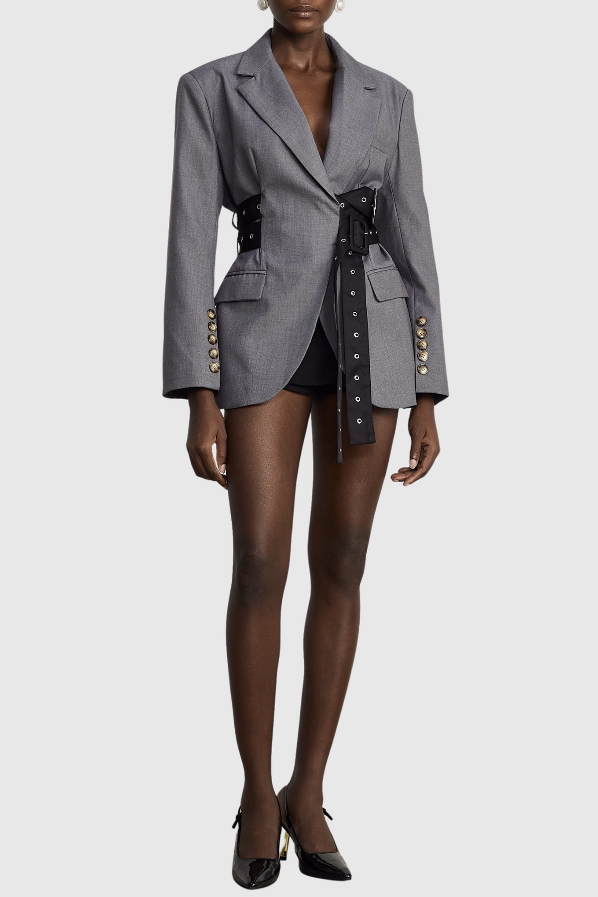Eairein Belted Waist Blazer - Grey