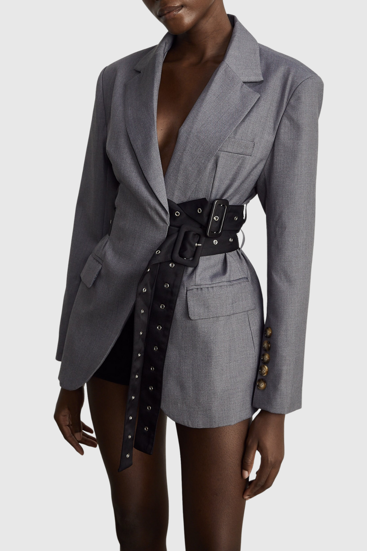 Eairein Belted Waist Blazer - Grey