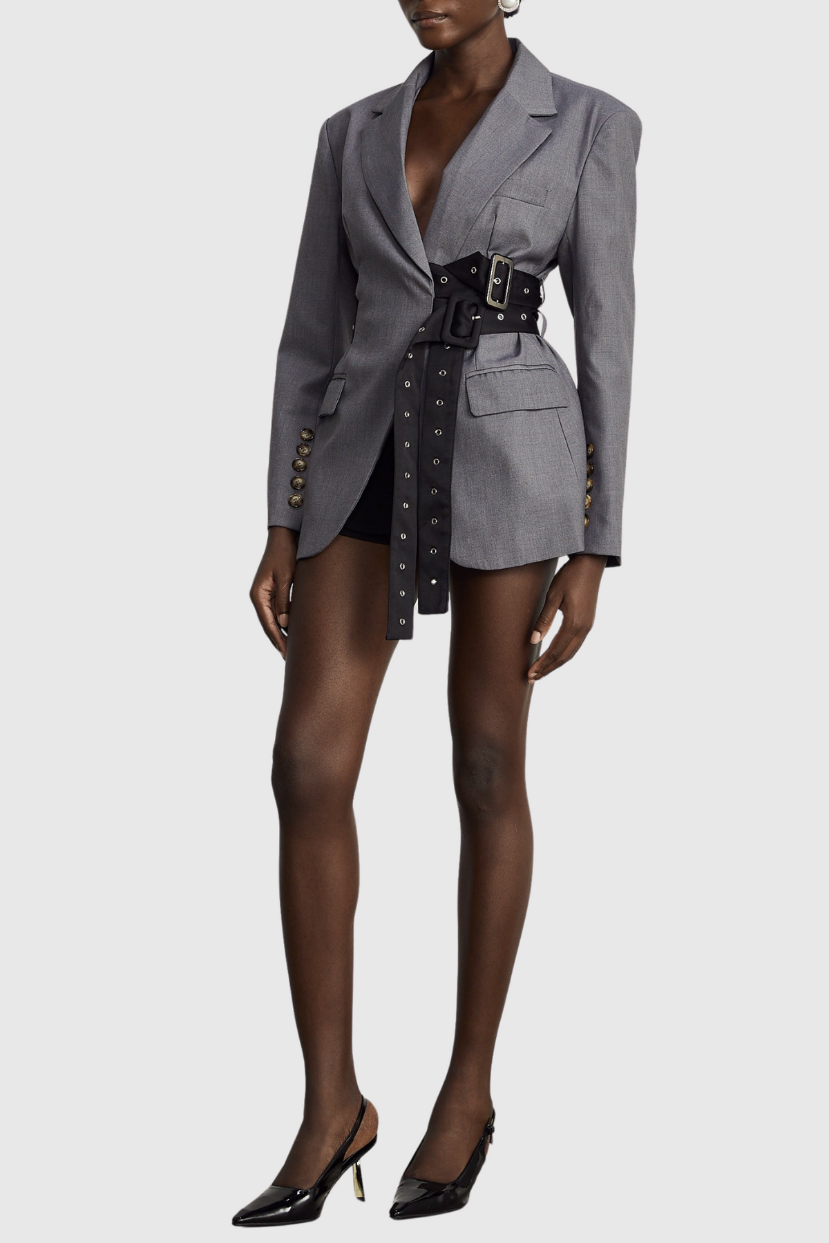 Eairein Belted Waist Blazer - Grey