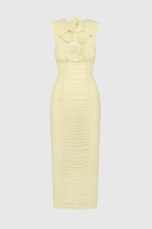 Earls Floral Sleeveless Ruched Mesh Midi Dress