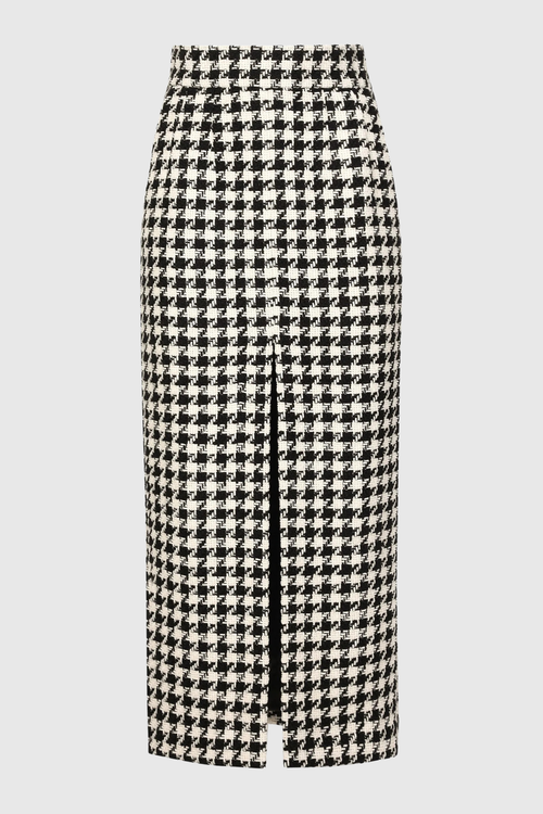 Eisa Houndstooth Tweed Jacket & Midi Skirt Set