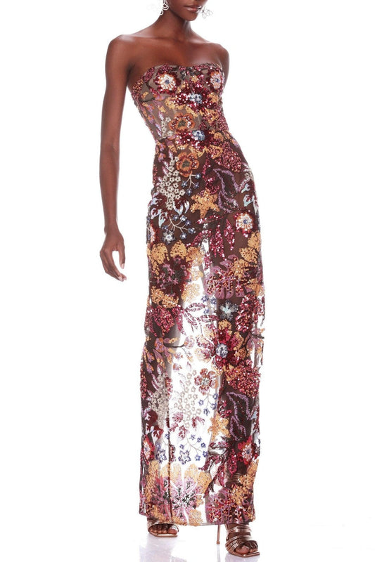 Elara Floral Sequin Embroidered Strapless Maxi Dress - Red