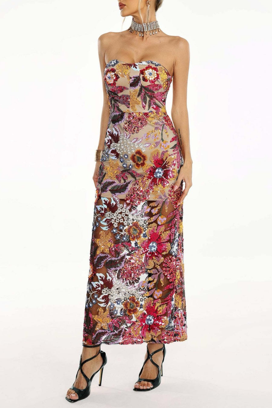 Elara Floral Sequin Embroidered Strapless Maxi Dress - Red
