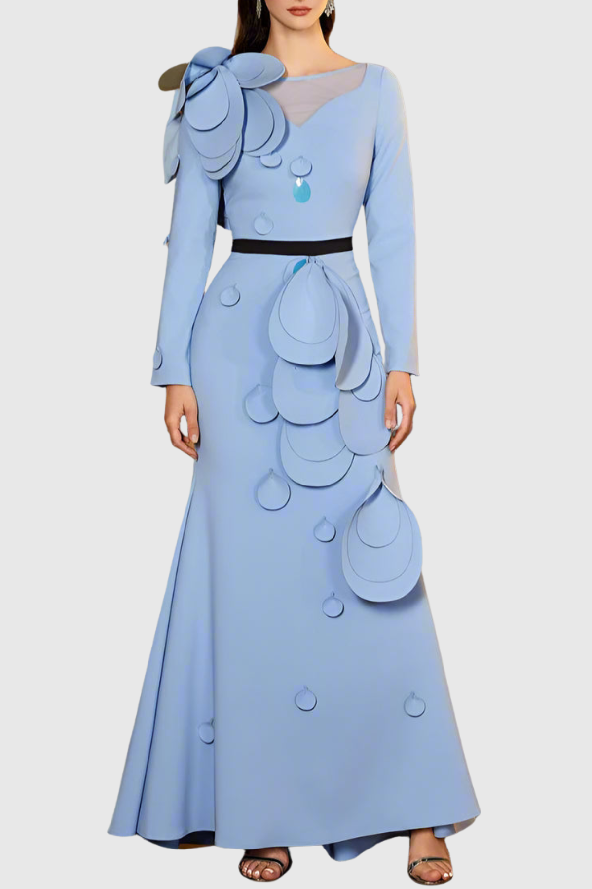 Elder Floral Petal Appliqué Embellished Maxi Dress - Blue