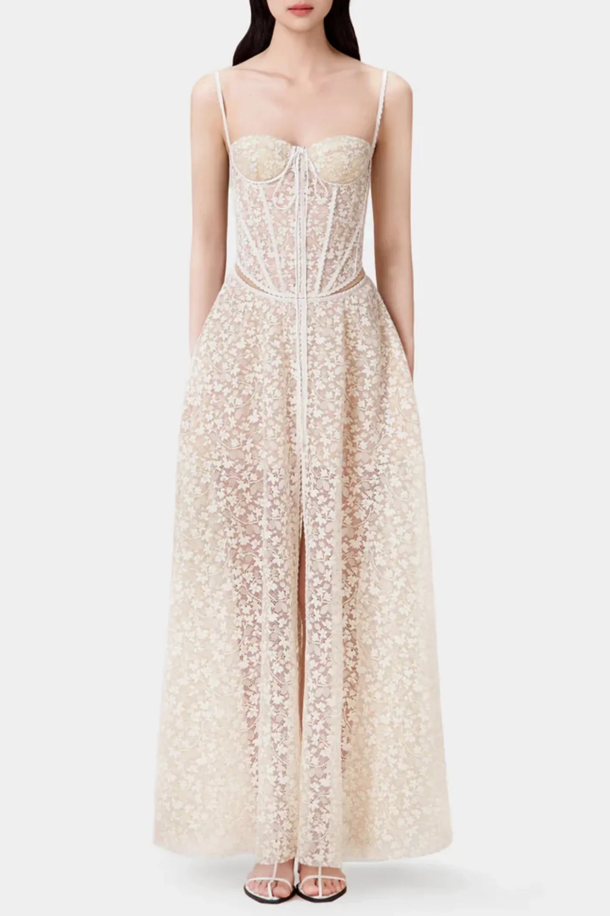 Emani Floral Lace Corset Cutout Maxi Dress - Beige