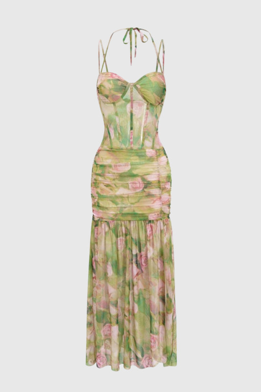 Emika Floral Print Corset Mesh Maxi Dress