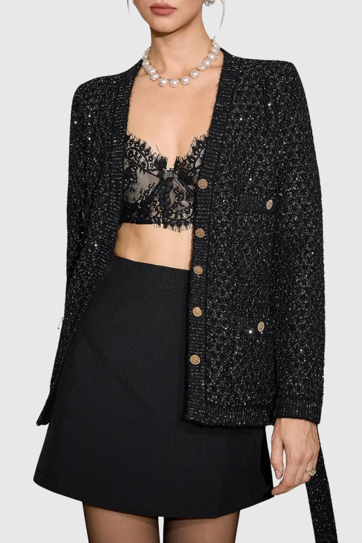 Emilia Sequin Embellished Cardigan - Black