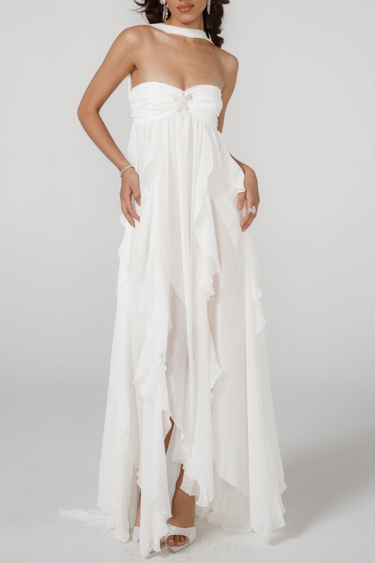 Emine Halter Ruffle Split Maxi Dress - White-19