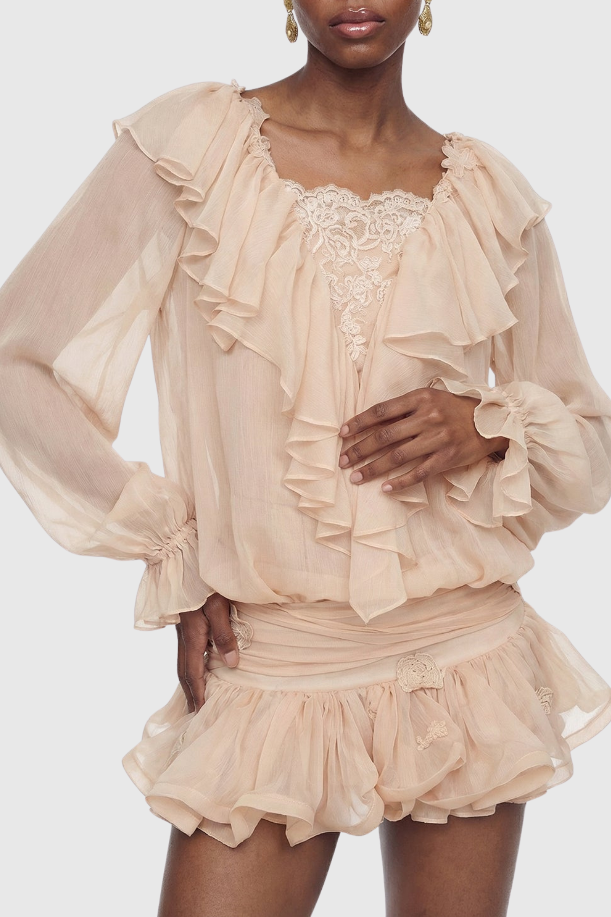 Ezio Floral Embroidered Ruffle Mini Dress - Apricot
