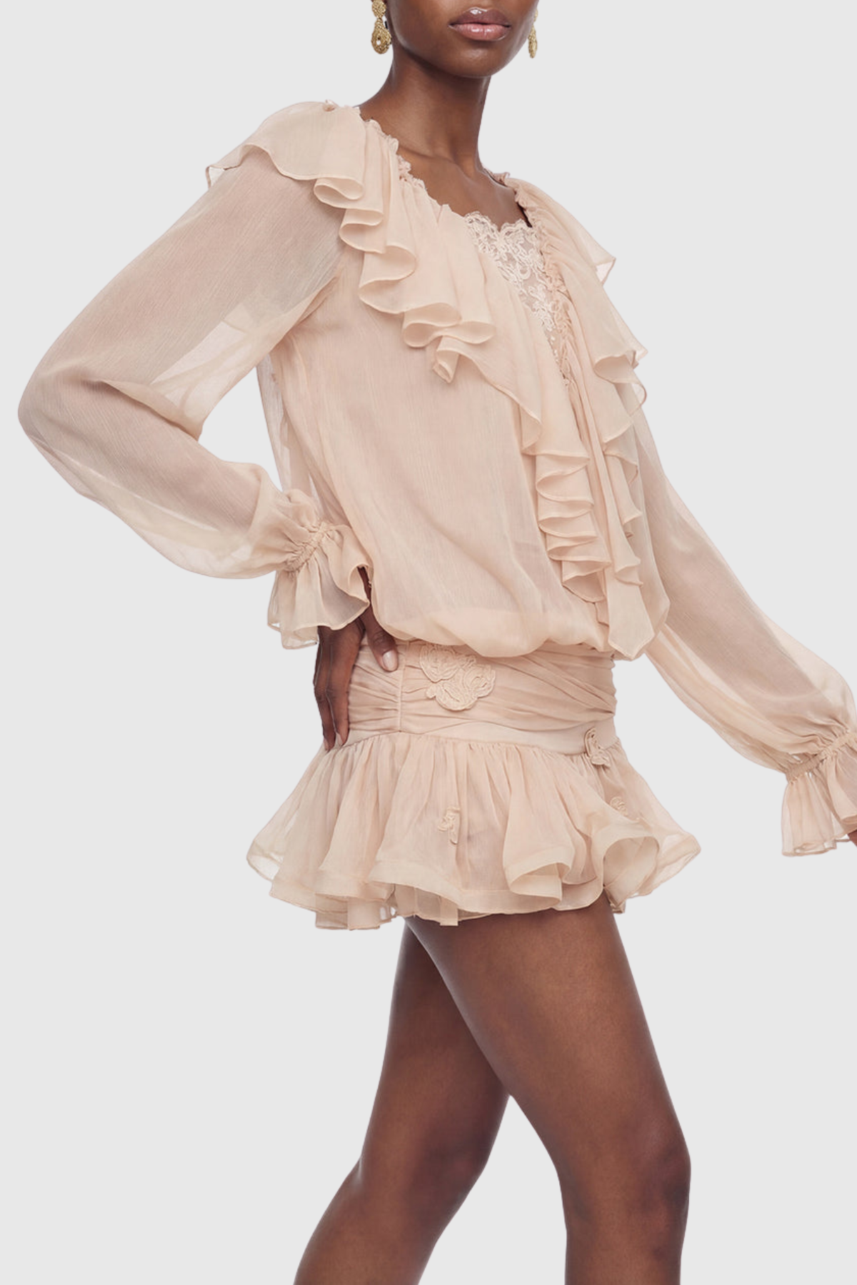 Ezio Floral Embroidered Ruffle Mini Dress - Apricot