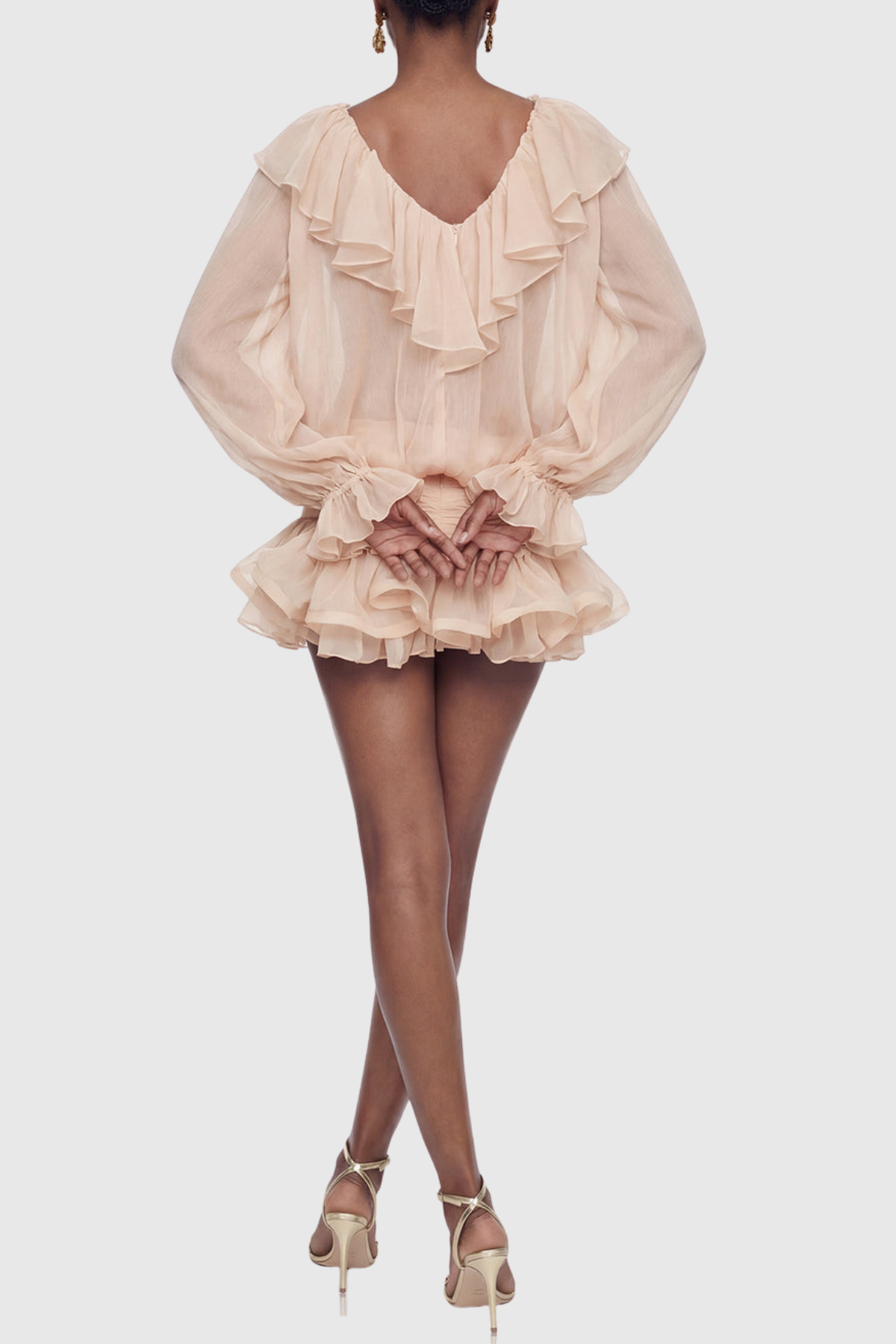 Ezio Floral Embroidered Ruffle Mini Dress - Apricot