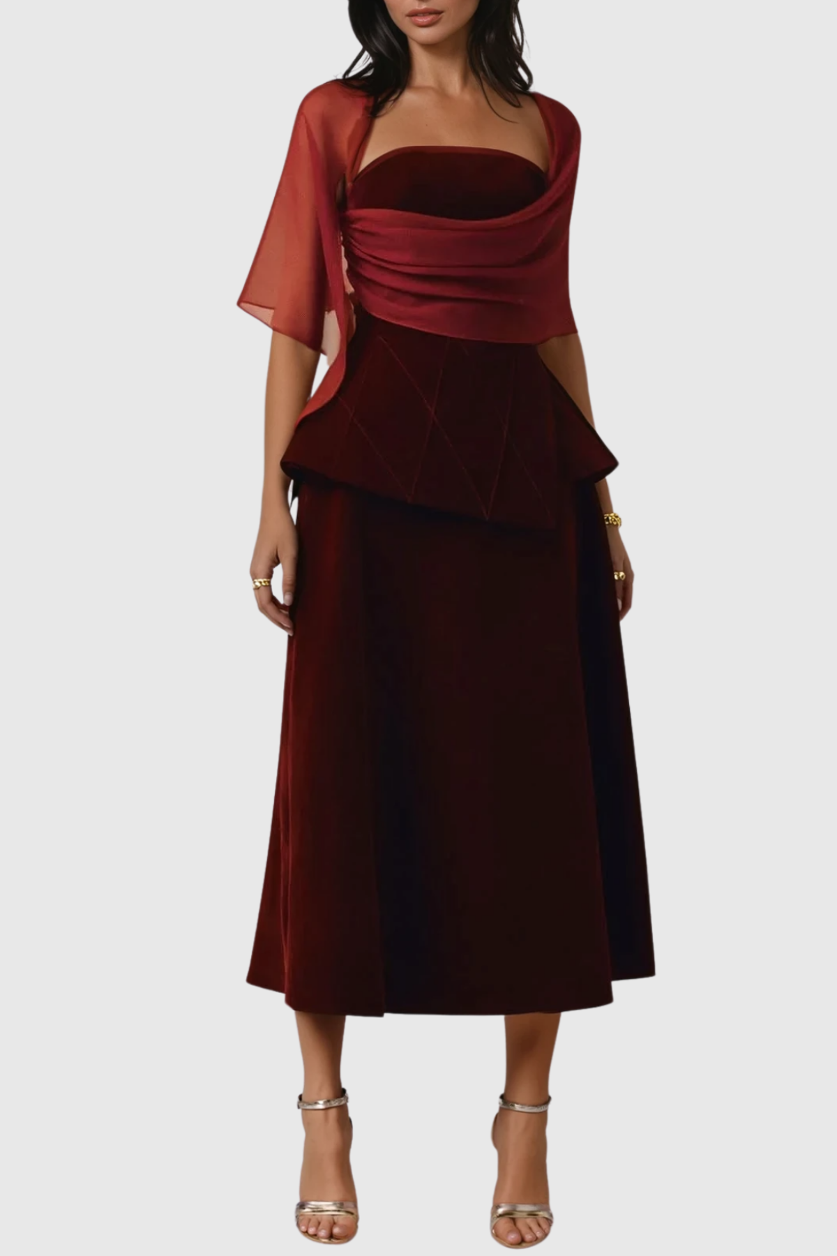 Favia Mesh Shawl Maxi Dress - Red-5
