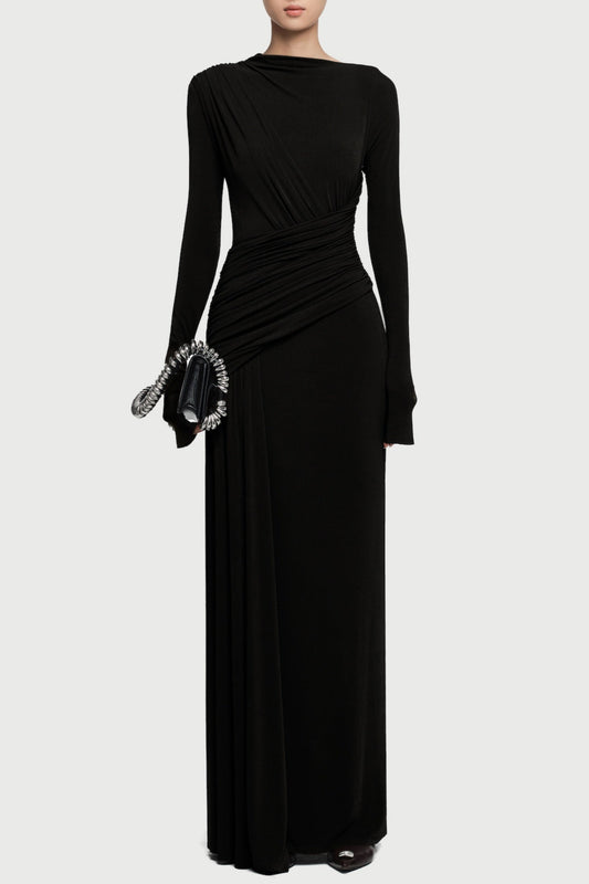 Fiada Draped Long Sleeve Maxi Dress - Black