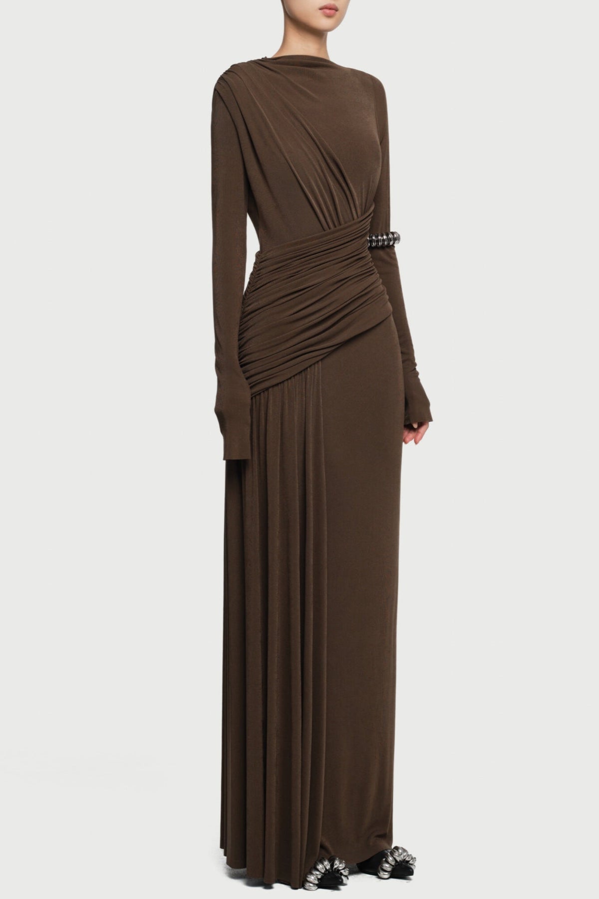 Fiada Draped Long Sleeve Maxi Dress - Brown