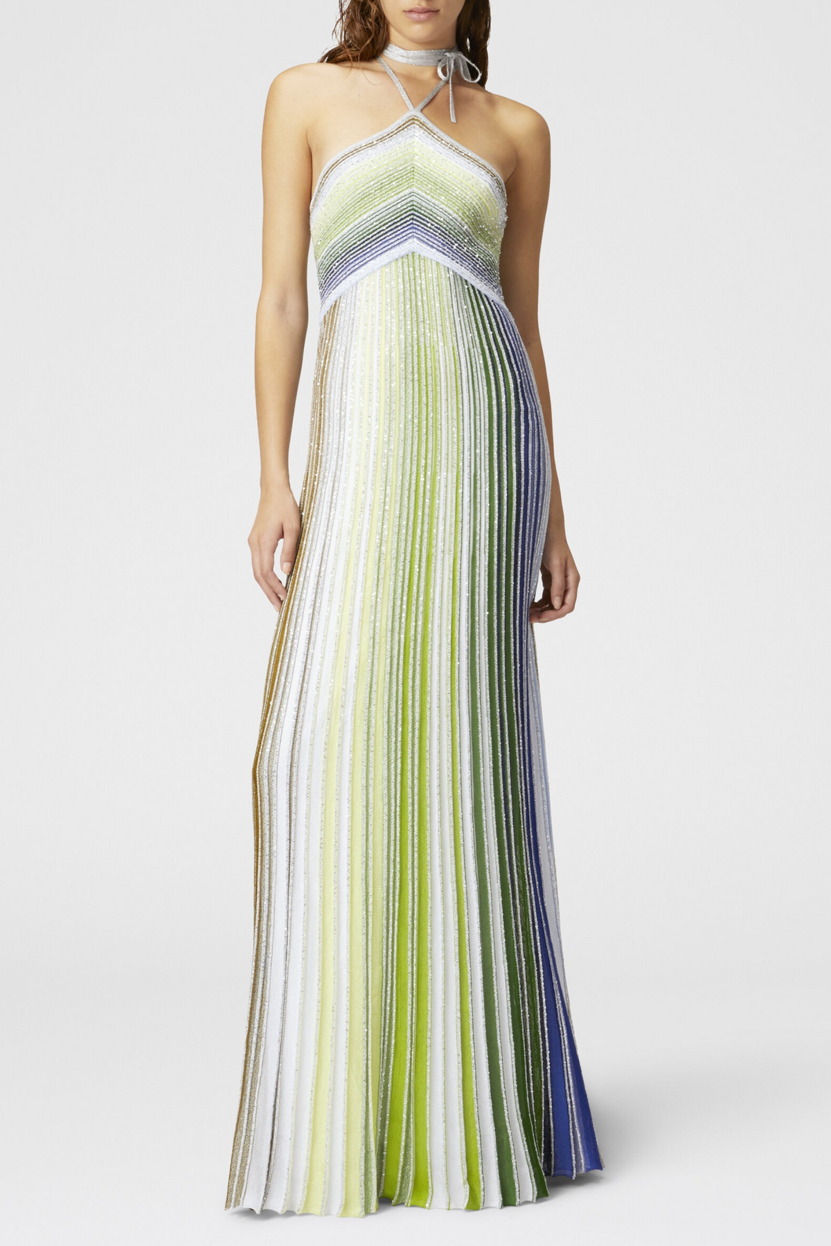 Fltya Halter Metallic Gradient Knit Maxi Dress - Green