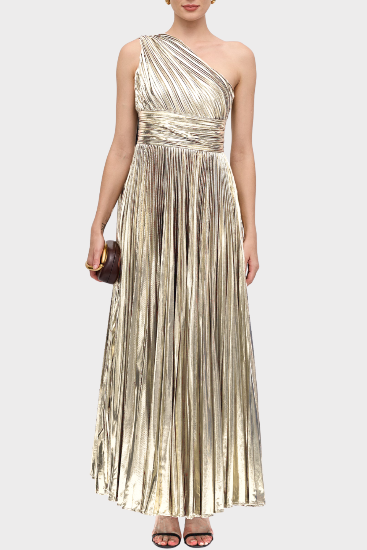 Guillo One Shoulder Metallic Pleated Maxi Dress - Champagne-57