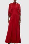 Hespia Ruched Cape Mesh Maxi Dress - Red