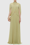 Hespia Ruched Cape Mesh Maxi Dress - Yellow