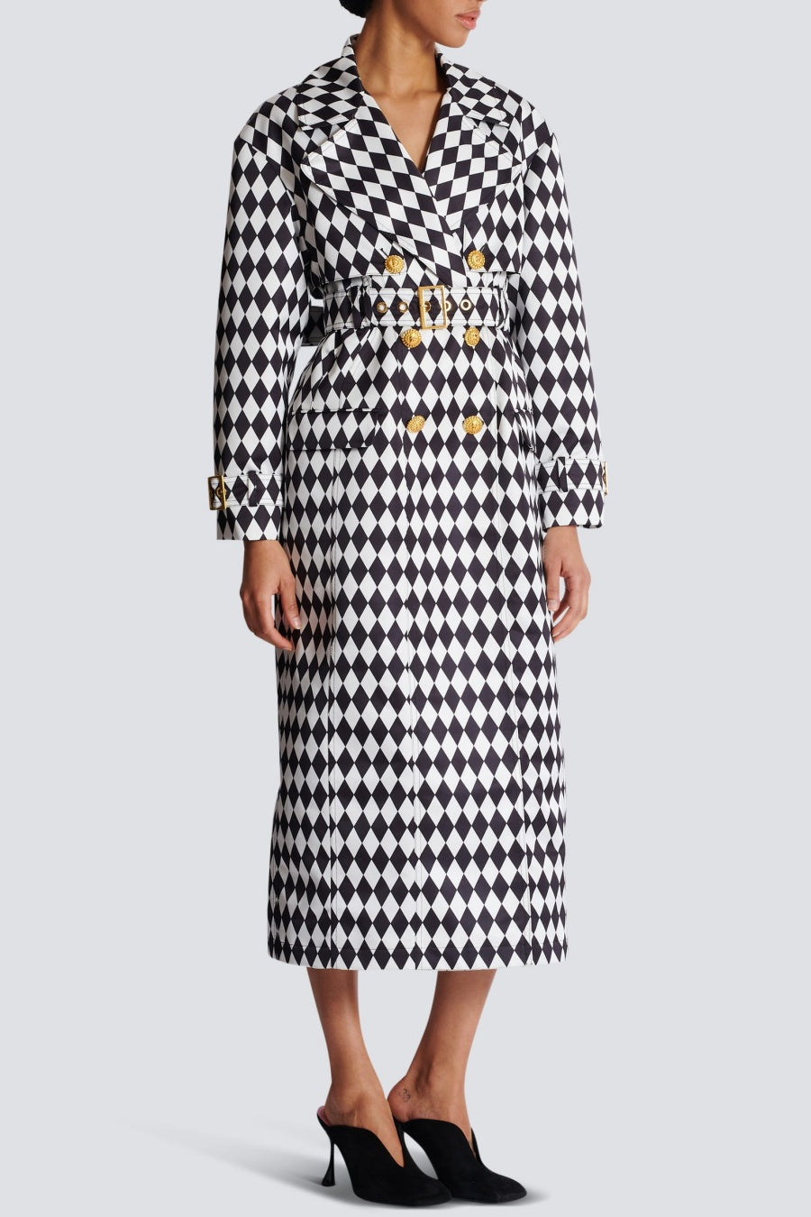 Hyrine Diamond Print Belted Trench Coat