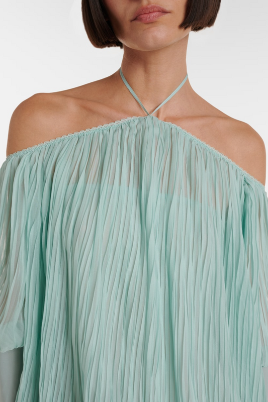 Inaki Halter Pleated Ruffle Mini Dress - Blue