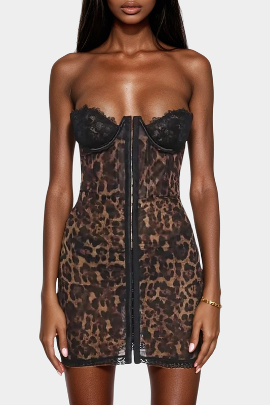 Irvina Lace Leopard Corset Mini Dress