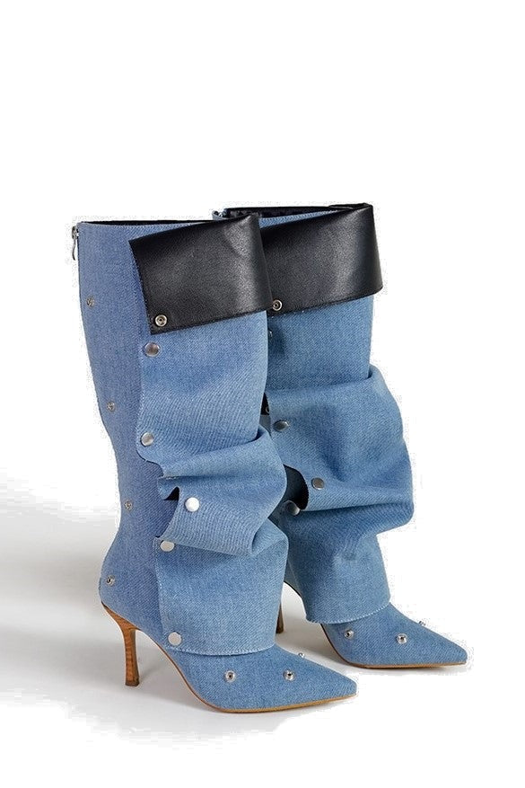 Isabela Appliqué Ruched  Denim Knee-high boots - Blue