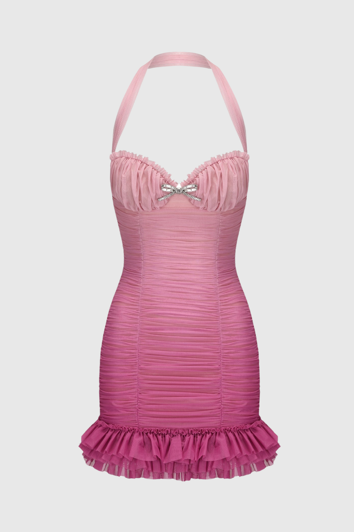 Jodelle Halter Mesh Gradient Ruched Mini Dress - Pink