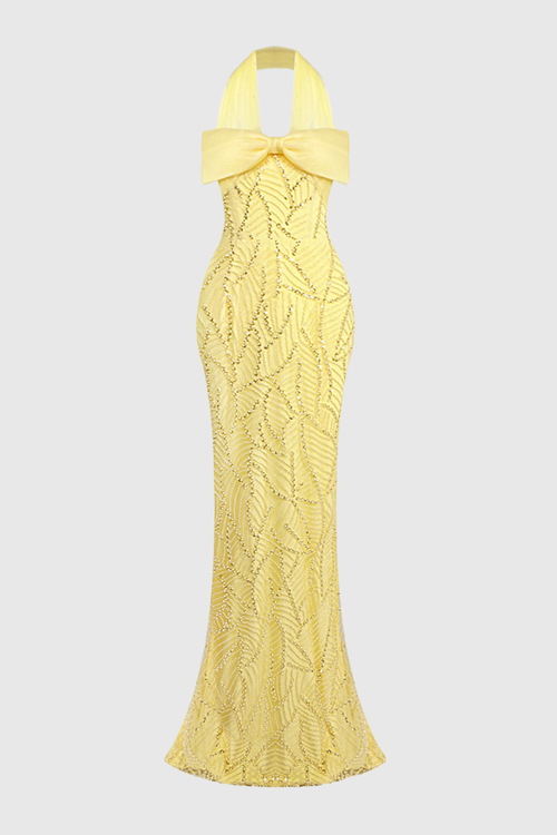 Juni Halter Bowknot Bead Embellished Maxi Dress
