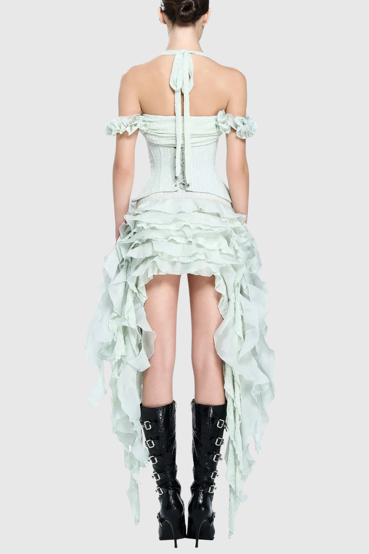 Juricn Halter Corset Ruffle Fringe Mini Dress - Green
