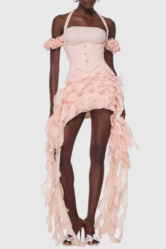 Juricn Halter Corset Ruffle Fringe Mini Dress - Pink