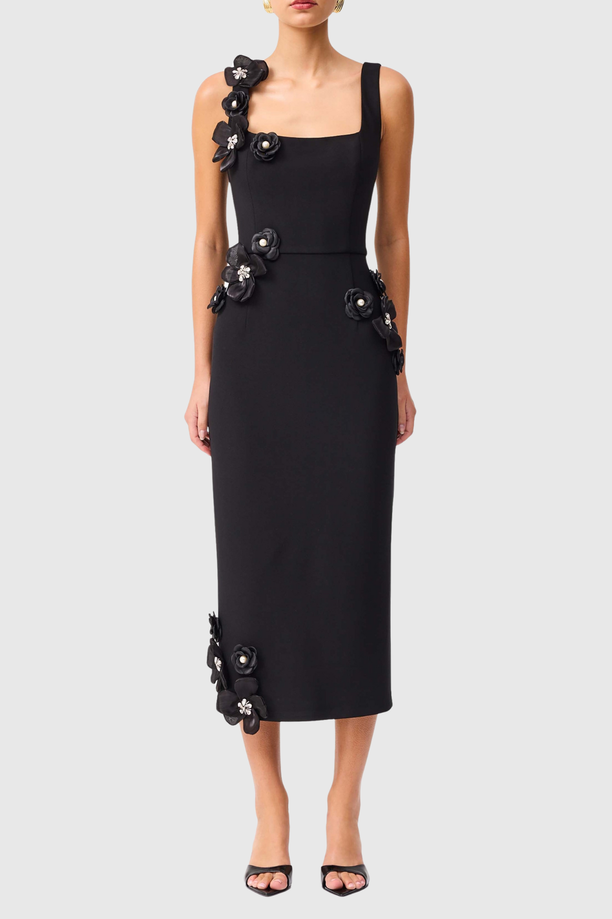 Kaprisha Floral Appliqué Embellished Midi Dress - Black-67