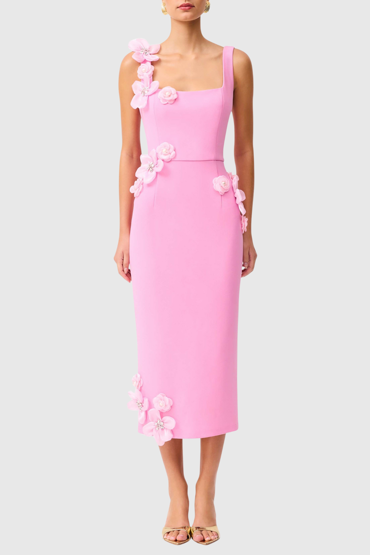 Kaprisha Floral Appliqué Embellished Midi Dress - Pink-67