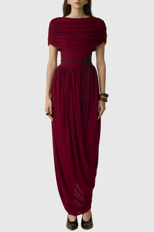 Kasse Burgundy Shawl Draped Maxi Dress