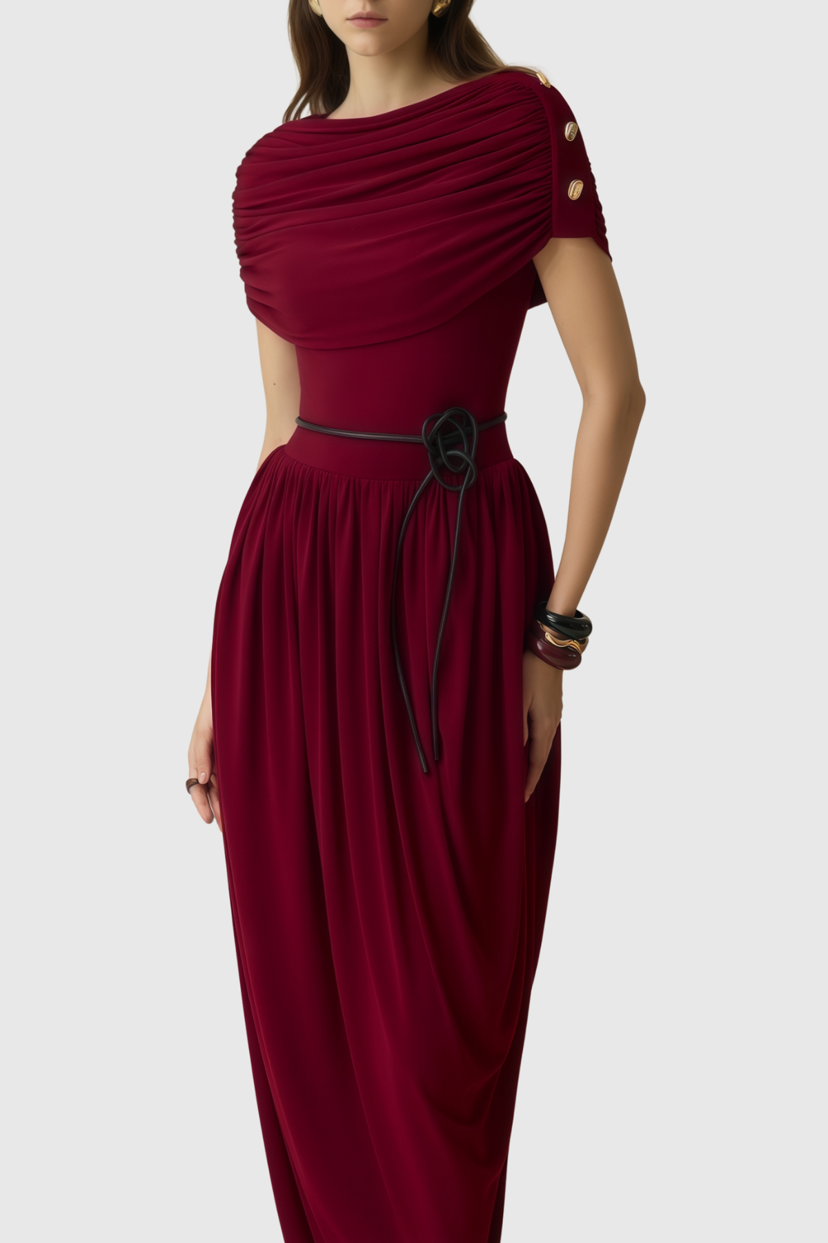 Kasse Burgundy Shawl Draped Maxi Dress