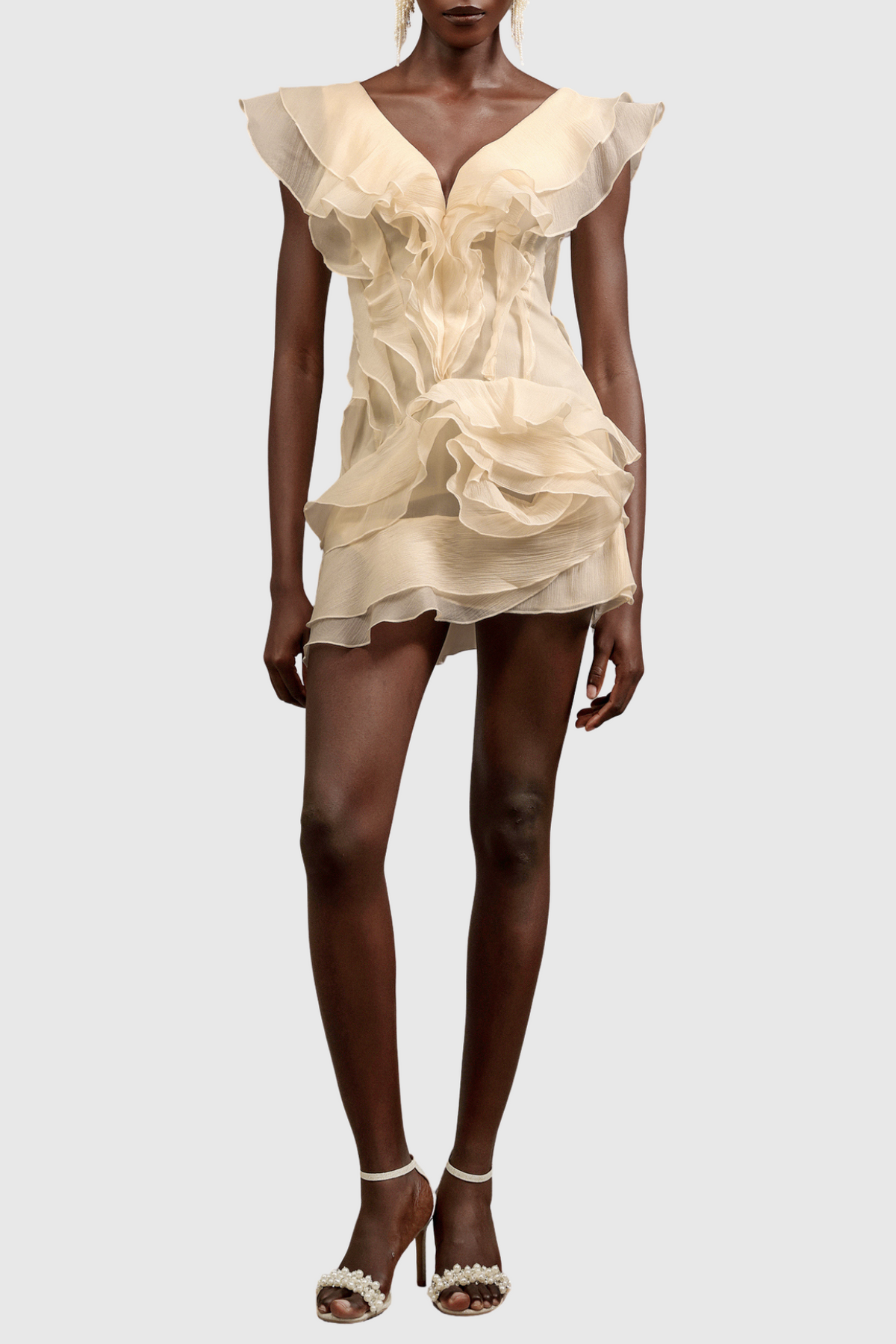 Kellan Off Shoulder Ruffle Mini Dress - Beige