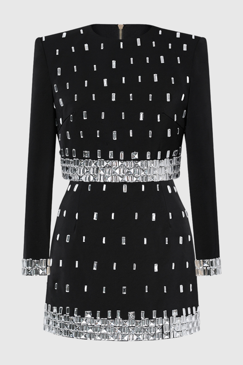 Lewra Rhinestone Embellished Top & Mini Skirt Set - Black