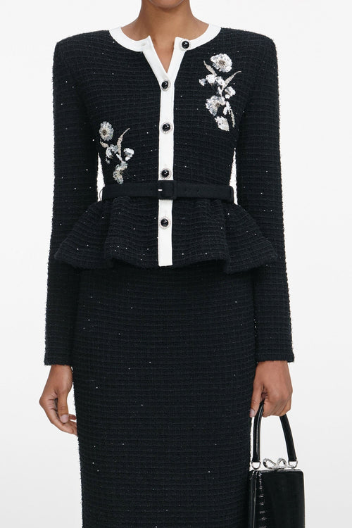 Luaia Floral Sequin Embellished Knit Top - Black
