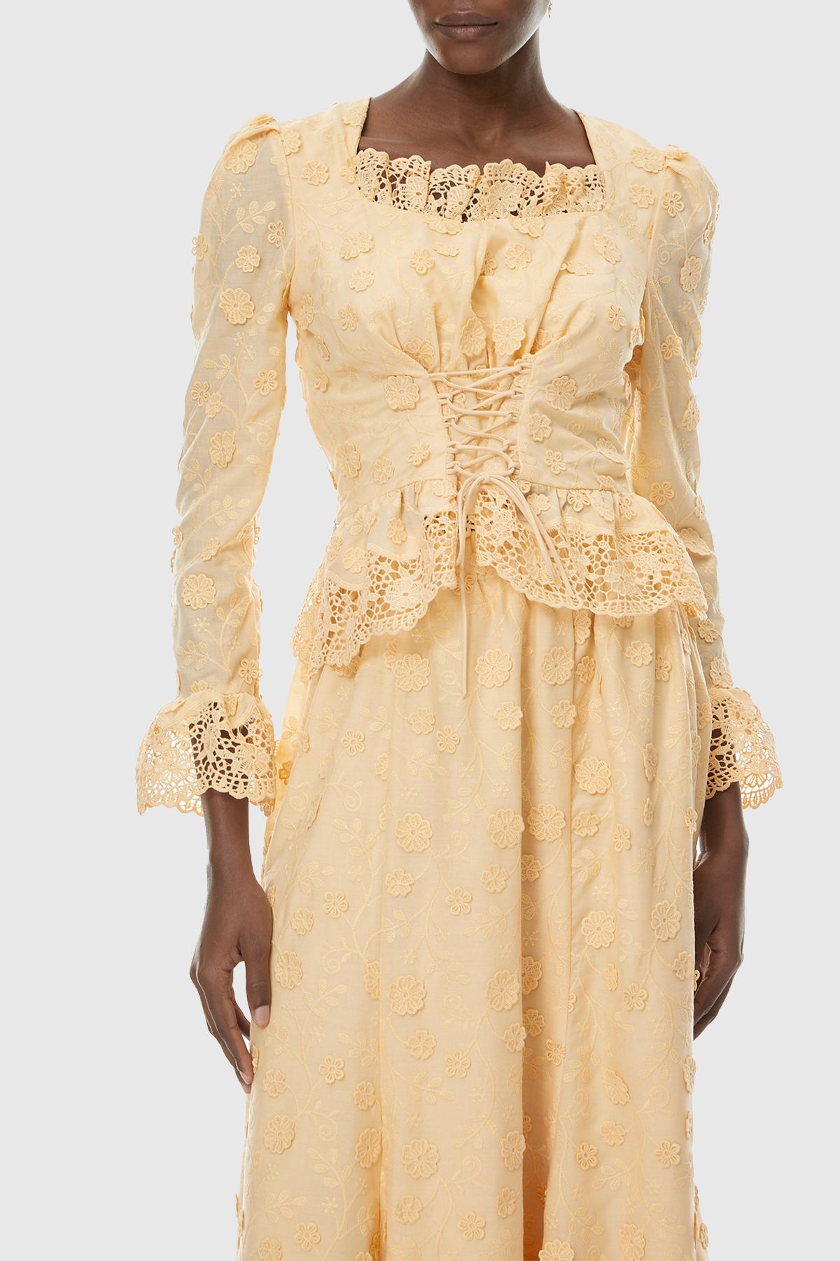 Lucieo Floral Lace Blouse & Maxi Skirt Set - Beige