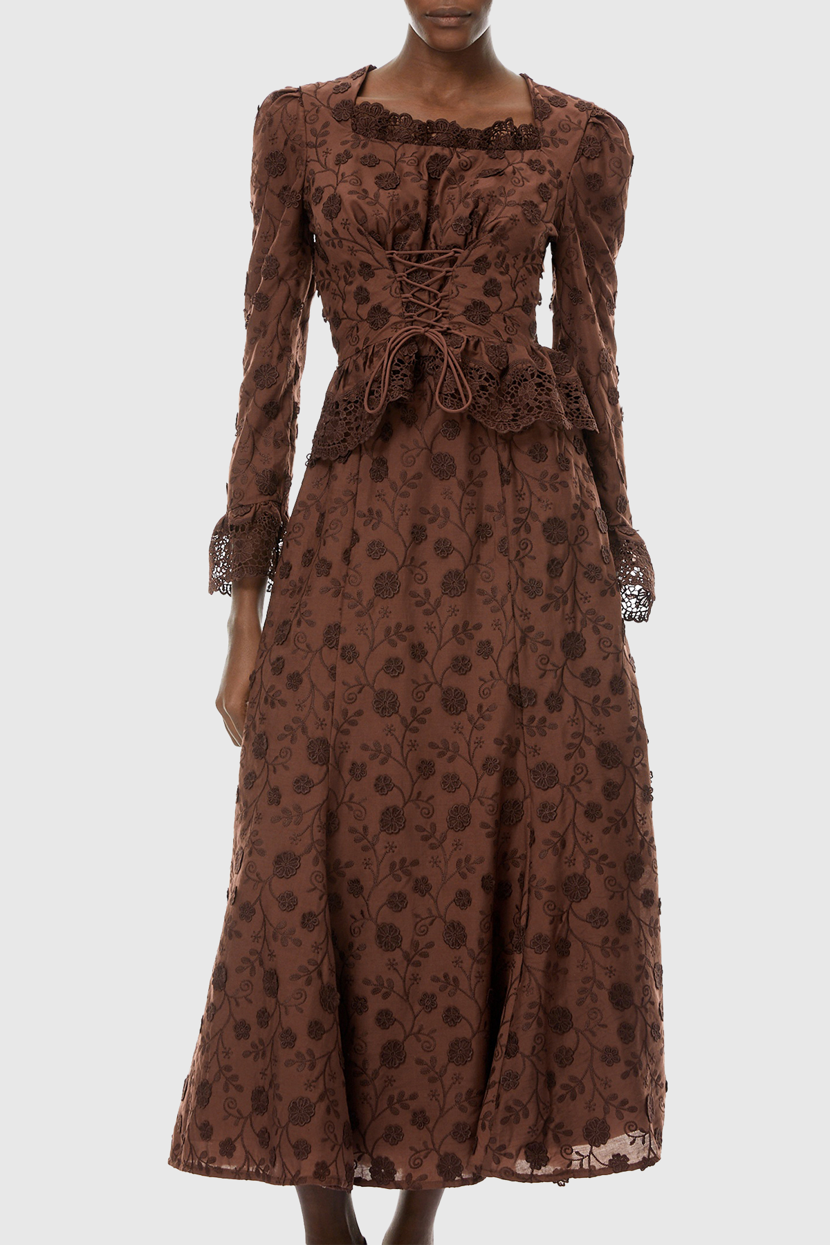 Lucieo Floral Lace Blouse & Maxi Skirt Set - Brown