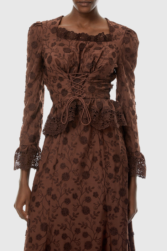 Lucieo Floral Lace Blouse & Maxi Skirt Set - Brown