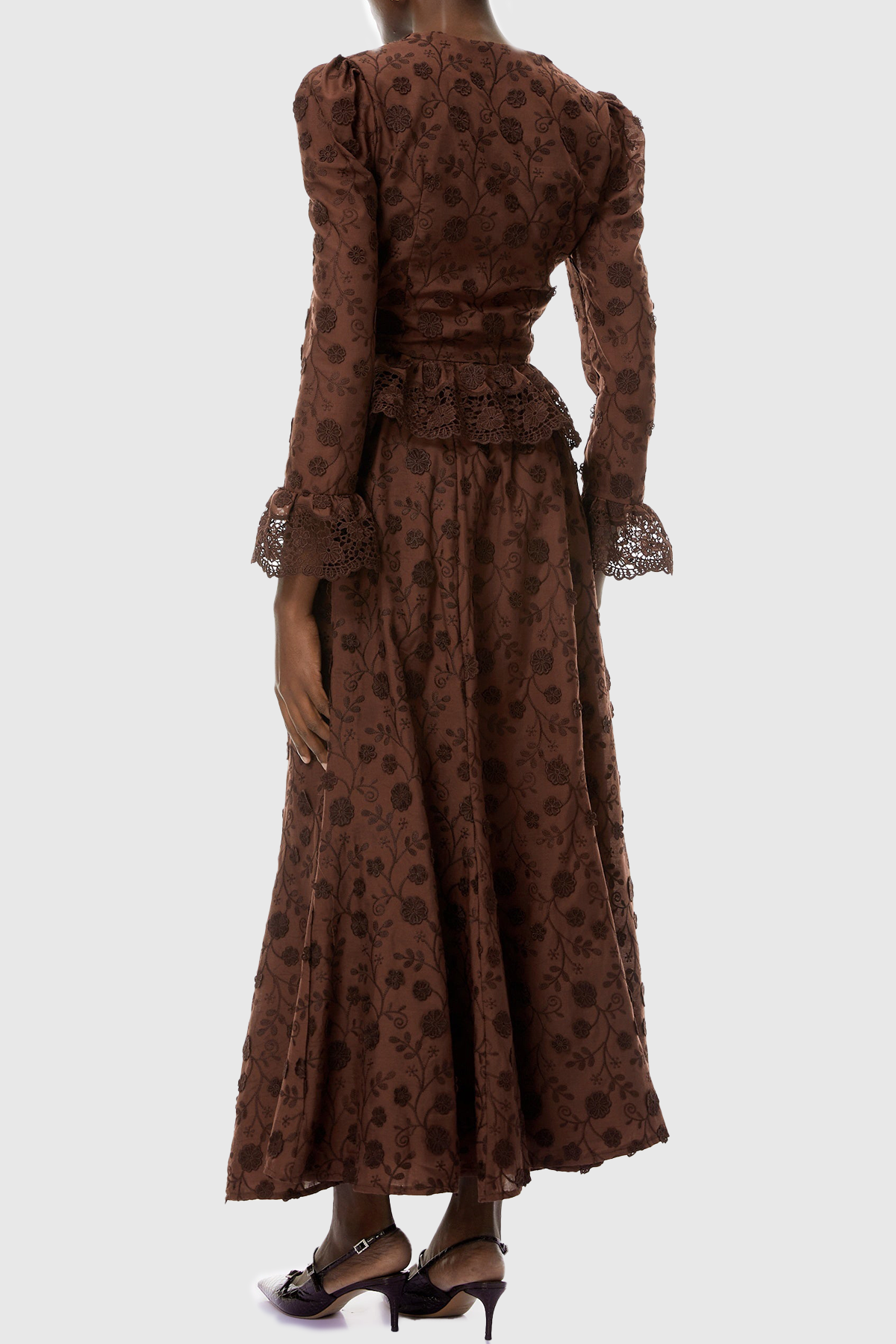 Lucieo Floral Lace Blouse & Maxi Skirt Set - Brown