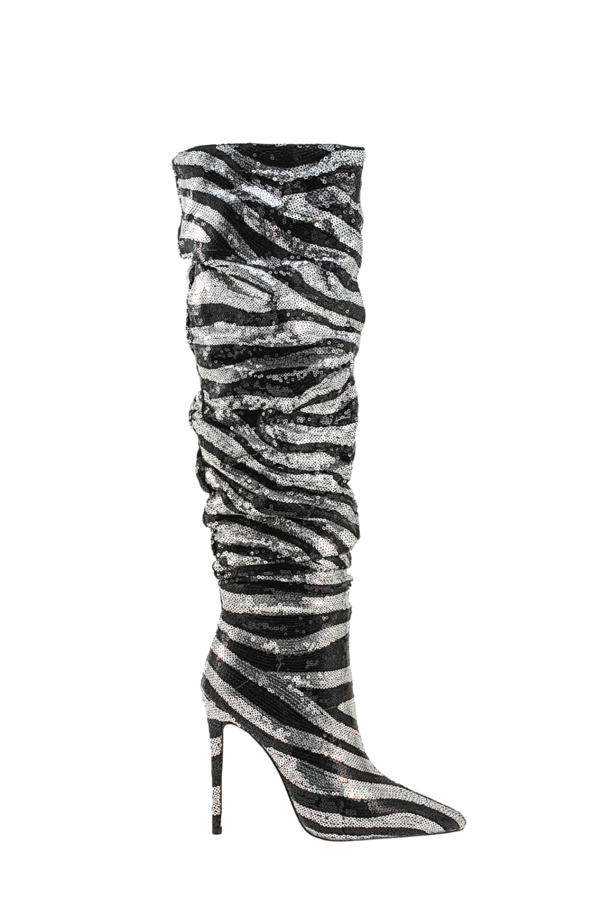 Lycan Zebra Sequin Ruched Knee High Boots