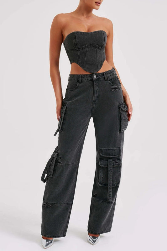 Lyric Cargo Denim Set - Black