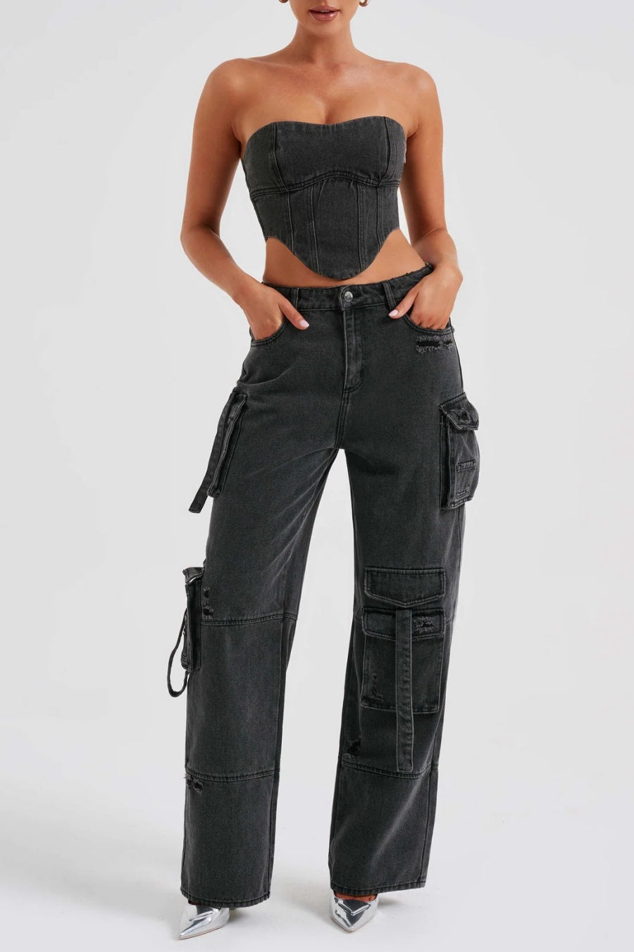 Lyric Cargo Denim Set - Black-30