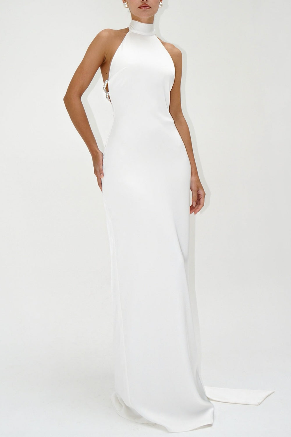 Maelis Pearl Satin Halter Maxi Dress - White